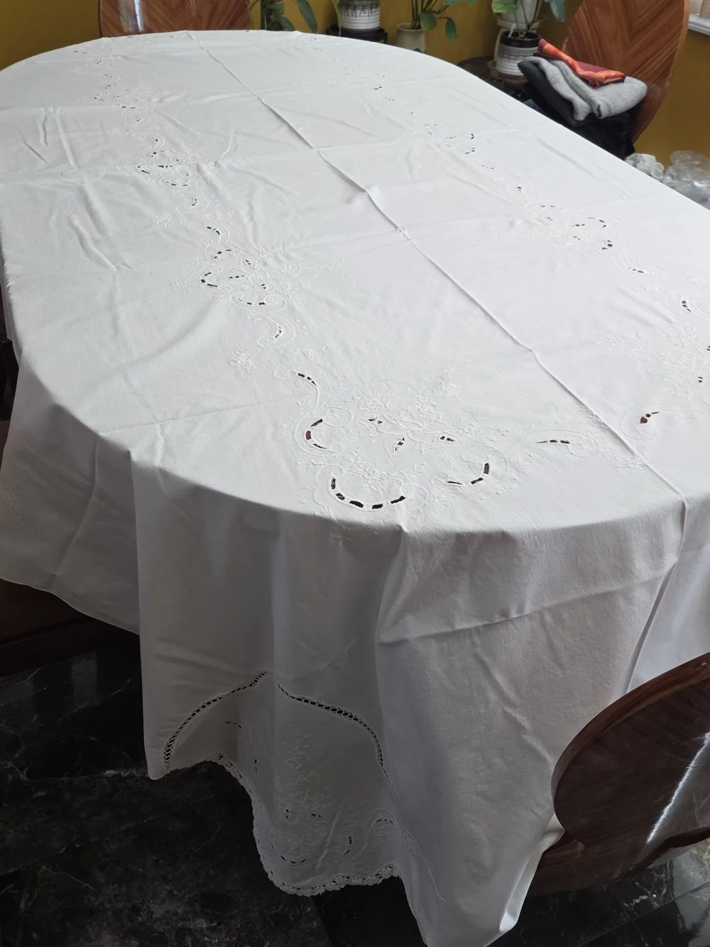 VTG Handmade White Cotton Rectangular Cutwork Embroidered  Tablecloth 230x64